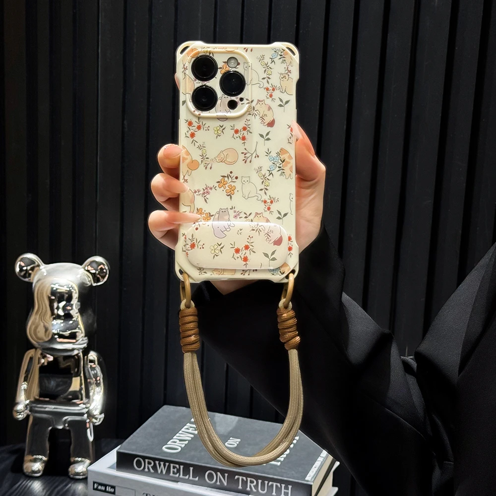 碎花小猫适用于苹果17promax手机壳四角挂绳iPhone16/15镜面支架