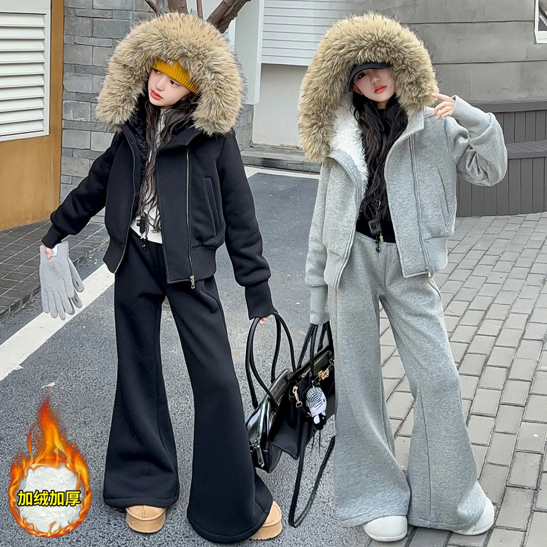 女童大毛领加绒卫衣套装冬款女孩驾加厚保暖连帽外套喇叭裤两件套