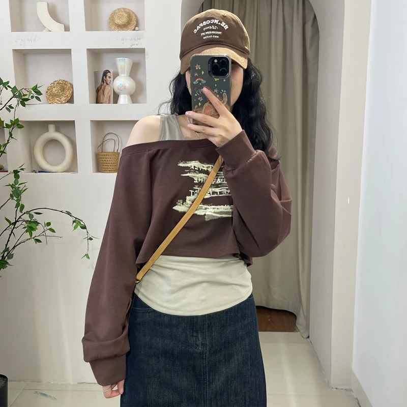 高含棉休闲减龄套装女2025年春秋季字母印花卫衣牛仔半身裙两件套