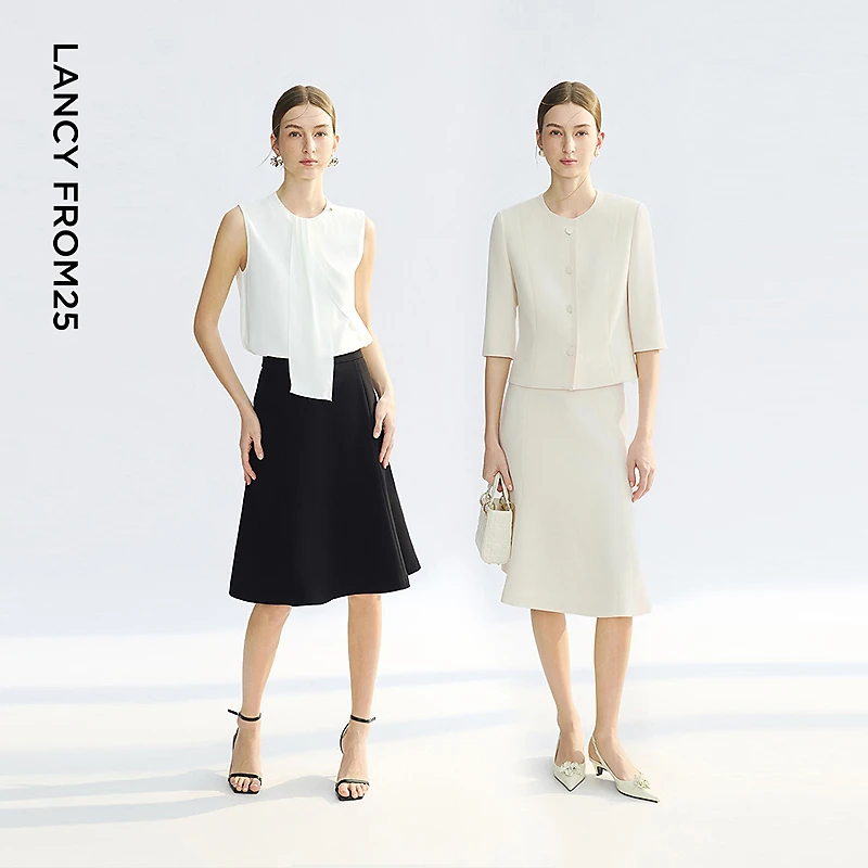朗姿醋酸气质高级感黑色鱼尾裙a字短裙2025年夏季新款独特半身裙