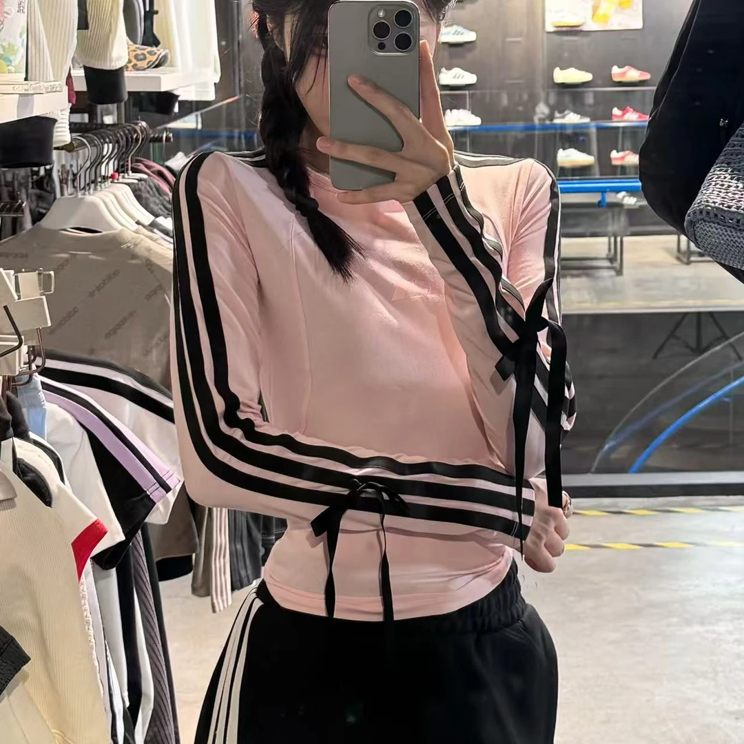 adidas 三新款秋季经典条纹长袖 可拆卸蝴蝶结长袖T KG3860