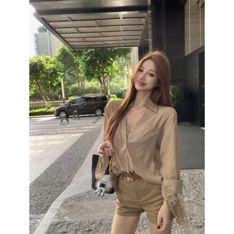 蕾丝拼接假两件衬衫女夏季薄款长袖衬衣卡其色