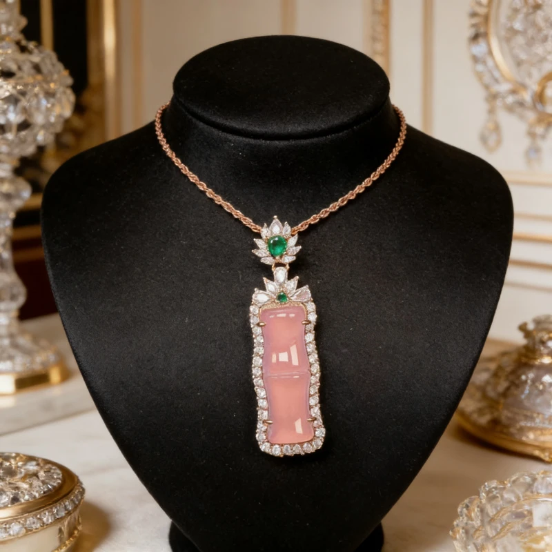 -F25-天然  高端  大气   -时尚  粉玉髓 竹节吊坠-配链子(多样性