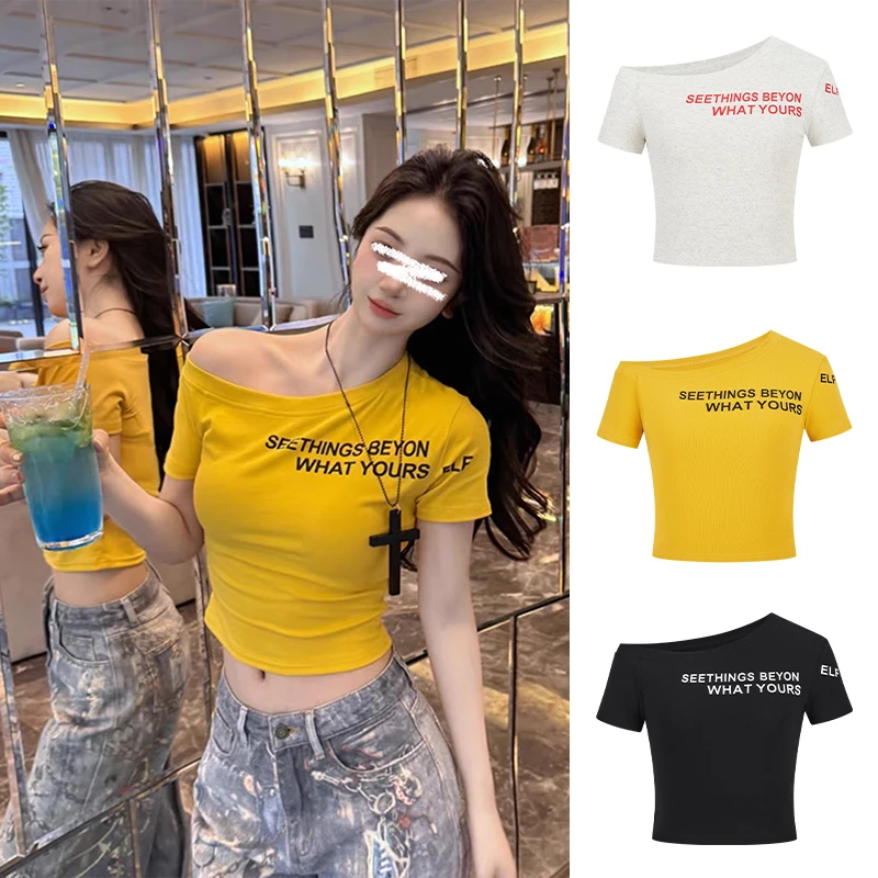 Moses Queen/魔西女王字母印花斜肩短袖T恤显瘦设计感短款上衣