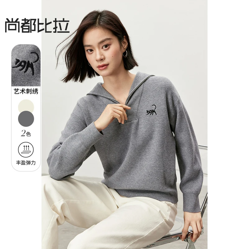 简约休闲设计感海军领抽象猫咪刺绣半开襟落肩长袖保暖毛衣56118