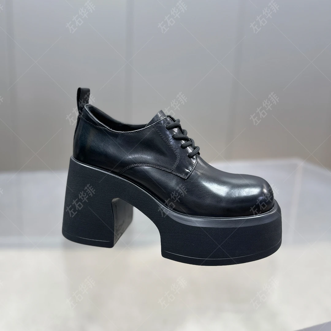 【左右华菲】9cm欧货胎牛皮复古黑色厚底乐福鞋2025秋季高跟小皮鞋
