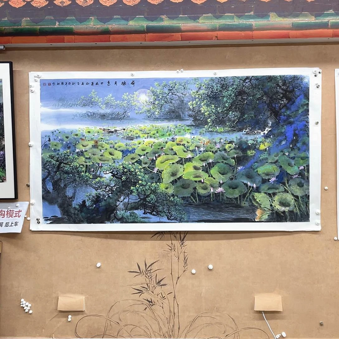 国画人****日手绘国画荷塘月色，六尺