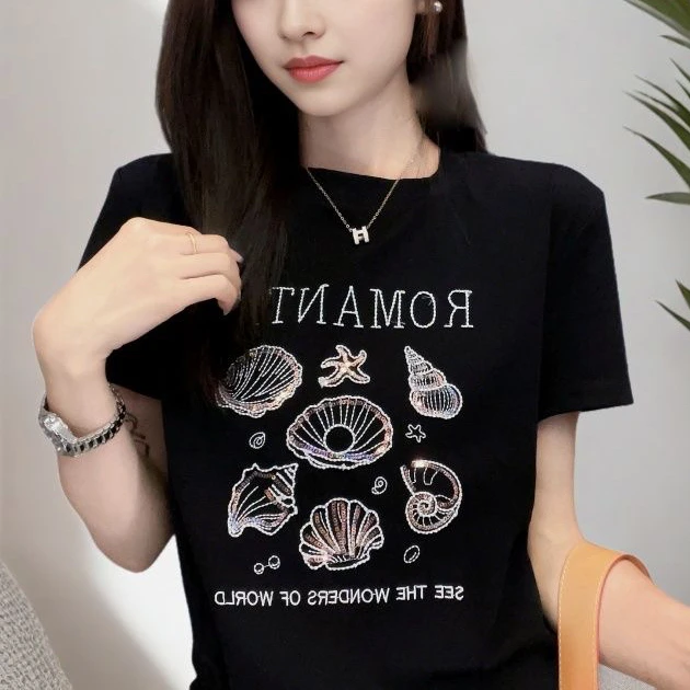 气质2025新款短袖 贝壳刺绣亮片短袖T恤女修身显瘦上衣5006