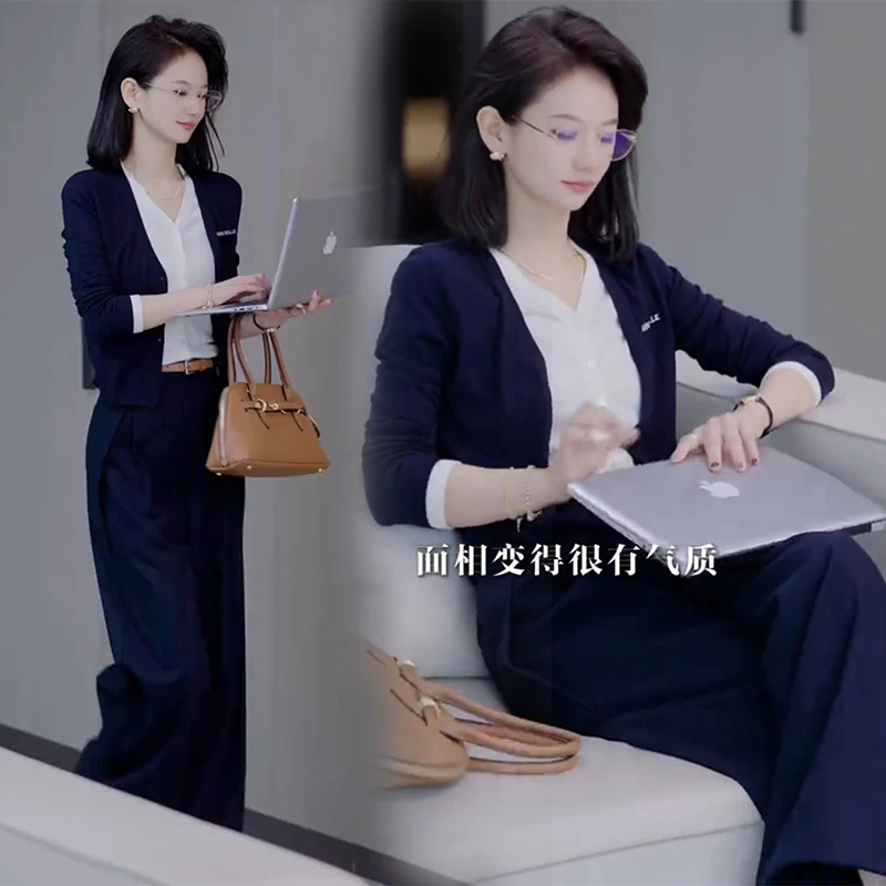 2025秋季气质韩系假两件长袖毛衣开衫高腰窄版阔腿西装裤两件套装