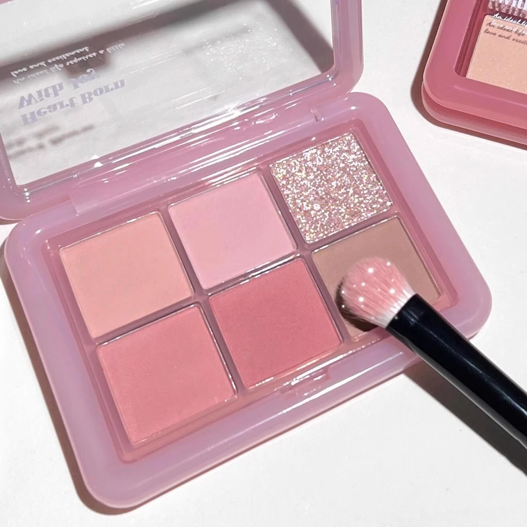 韩系甜妹粉色系眼影 hold live六色眼影盘橘棕大地色闪粉腮红一体