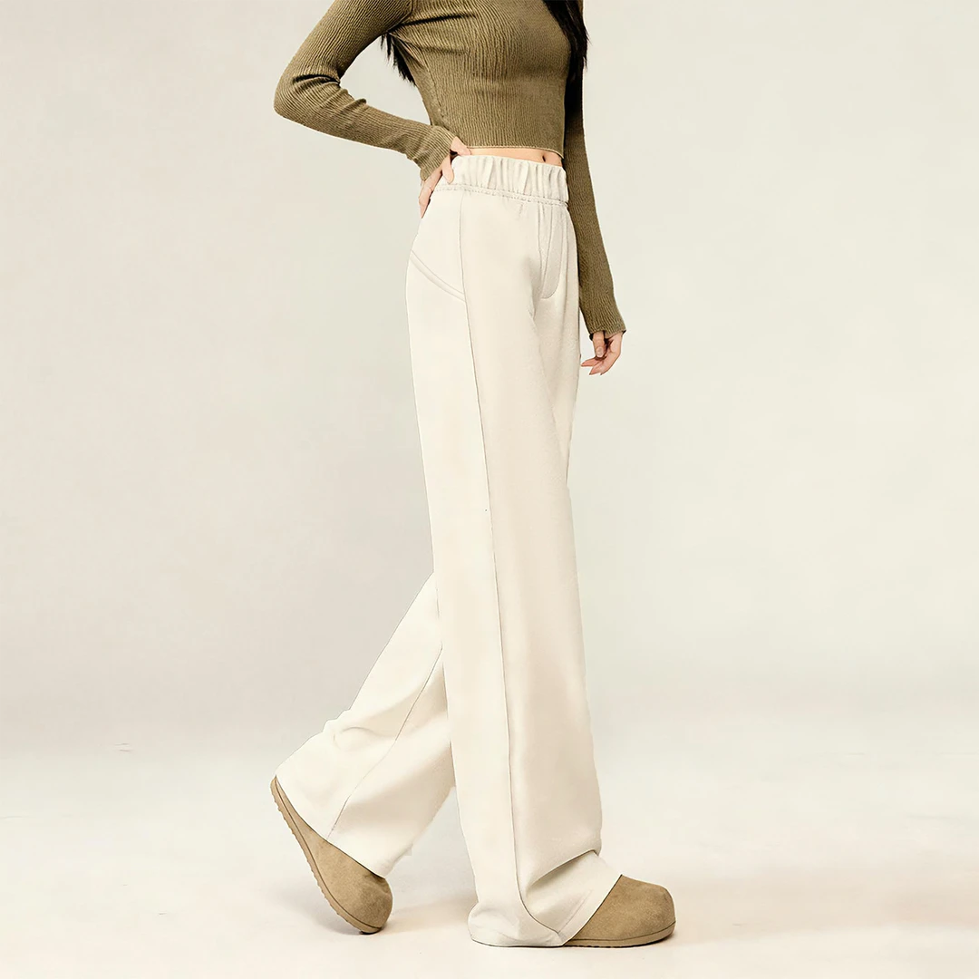 2025秋冬新款白色加绒醋酸羊毛阔腿裤加厚加长高腰显瘦窄版休闲裤