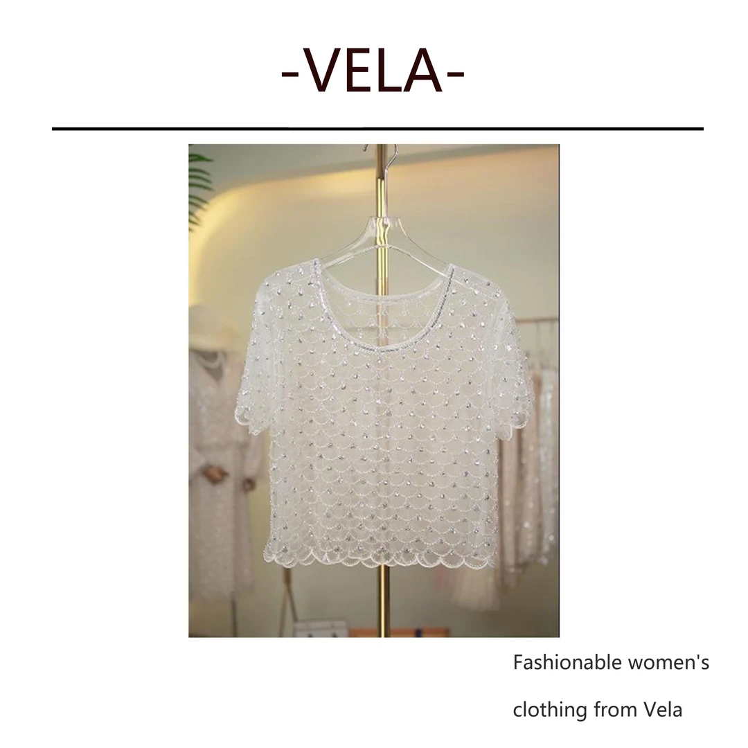 VELA鲛人泪透透短袖短款上衣钉珠钉珠亮片小罩衫夏季圆领重工