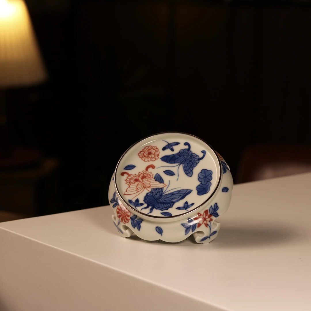 雨溪山房 景德镇手绘青红花碟共舞蝴蝶盖置 茶道茶具