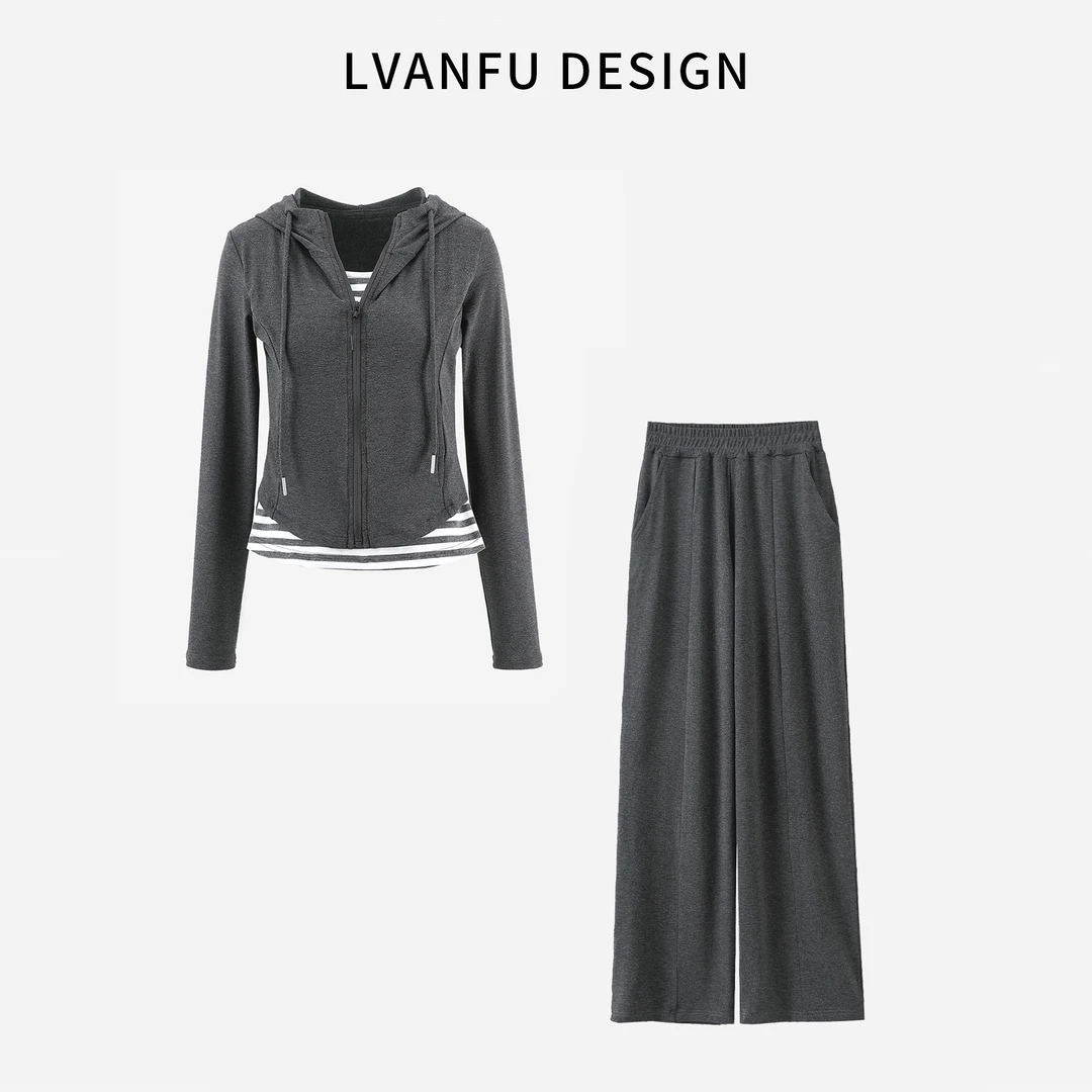 依凡芙假两件拼接显瘦连帽薄款裤子套装JY722A/ZN