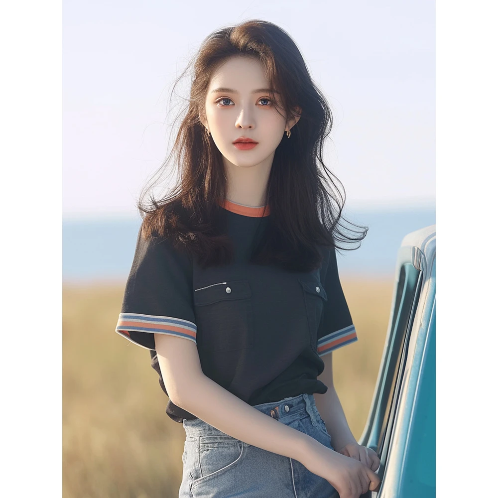 韩系chic洋气独特超好看上衣别致绝美百搭宽松黑色短袖T恤女夏季