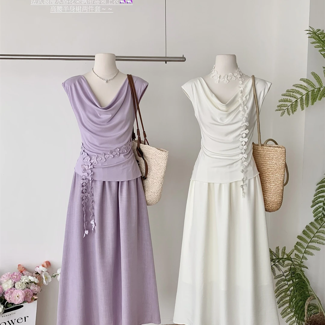 法式温柔风套装女2025荡领无袖上衣高腰半身裙收腰连衣裙