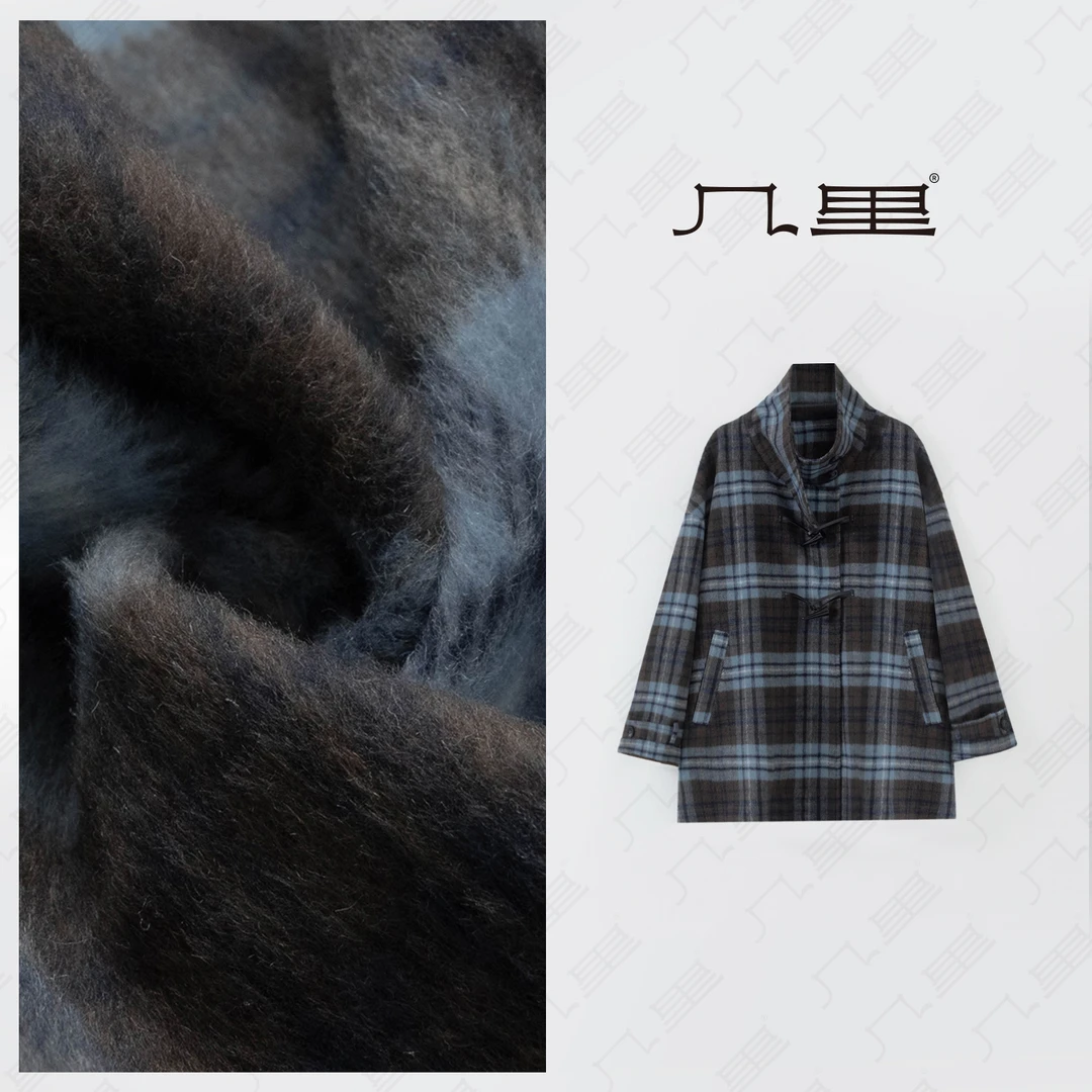几里与麻 复古牛角扣格纹毛呢大衣 衣长73胸围126 2083158