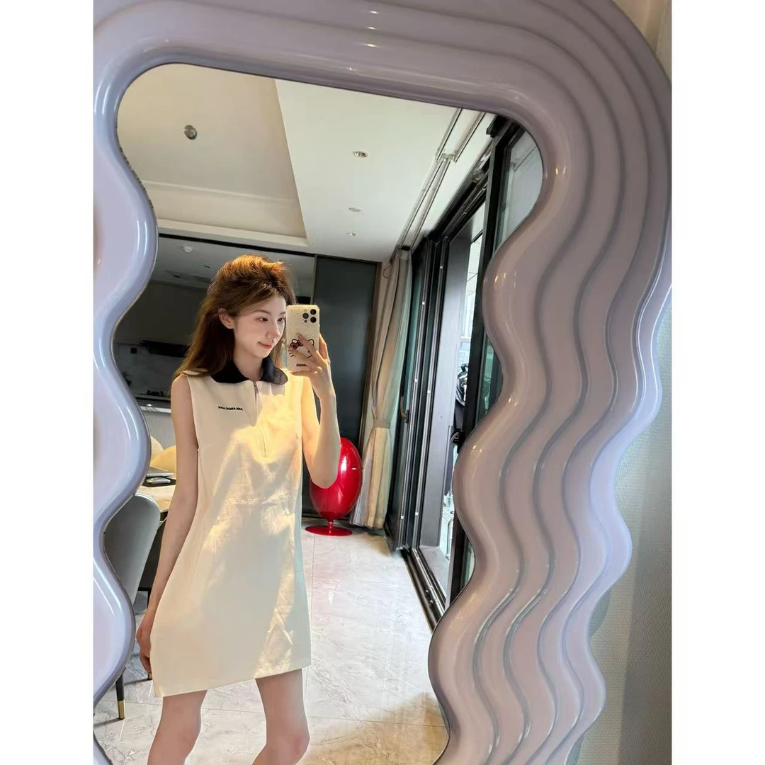【思琦定制】春夏休闲百搭女士翻领拉链无袖连衣裙气质甜美背心裙