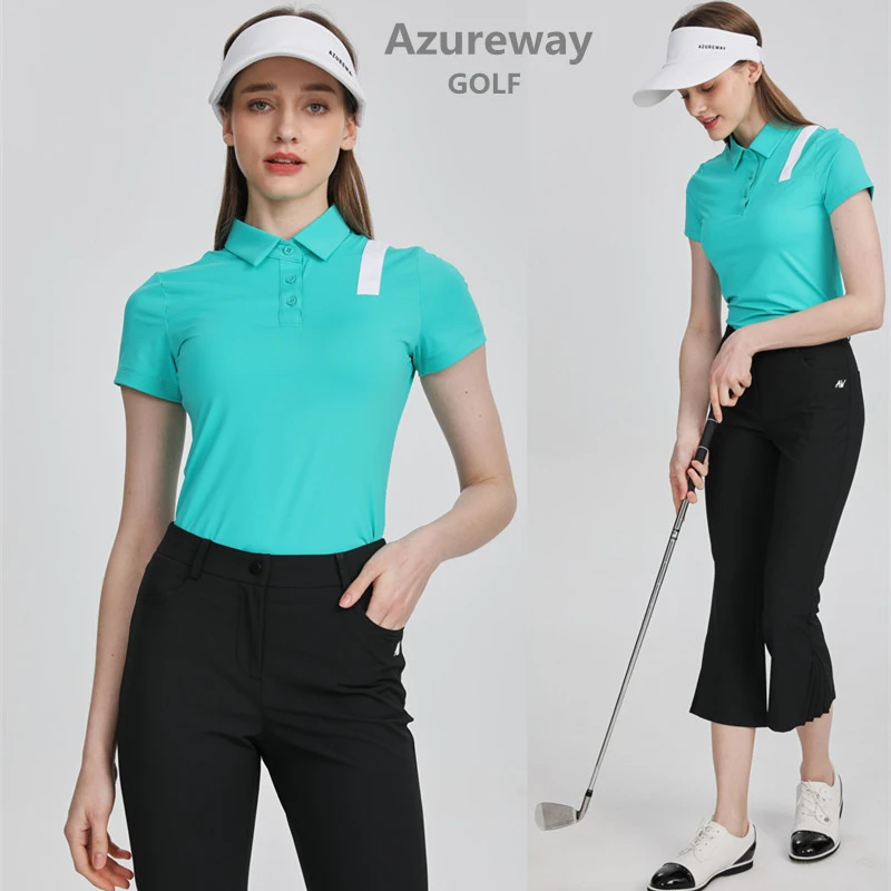 Azureway女士夏季高尔夫翻领短袖速干修身透气GOLF时尚撞色POLO衫
