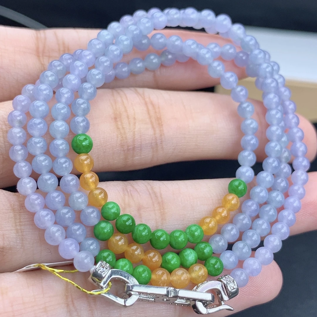 缅甸A货翡翠紫罗兰色多宝小米珠圆珠项链多圈长串LJ1T17卡3.7mm