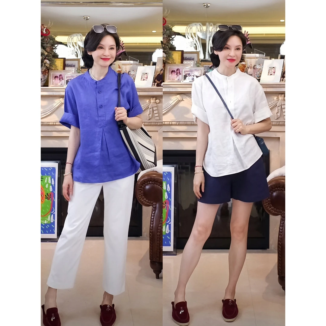 我是摩羯 克莱因麻山东鲁泰100亚麻小立领短袖宽松夏季透气衬衫