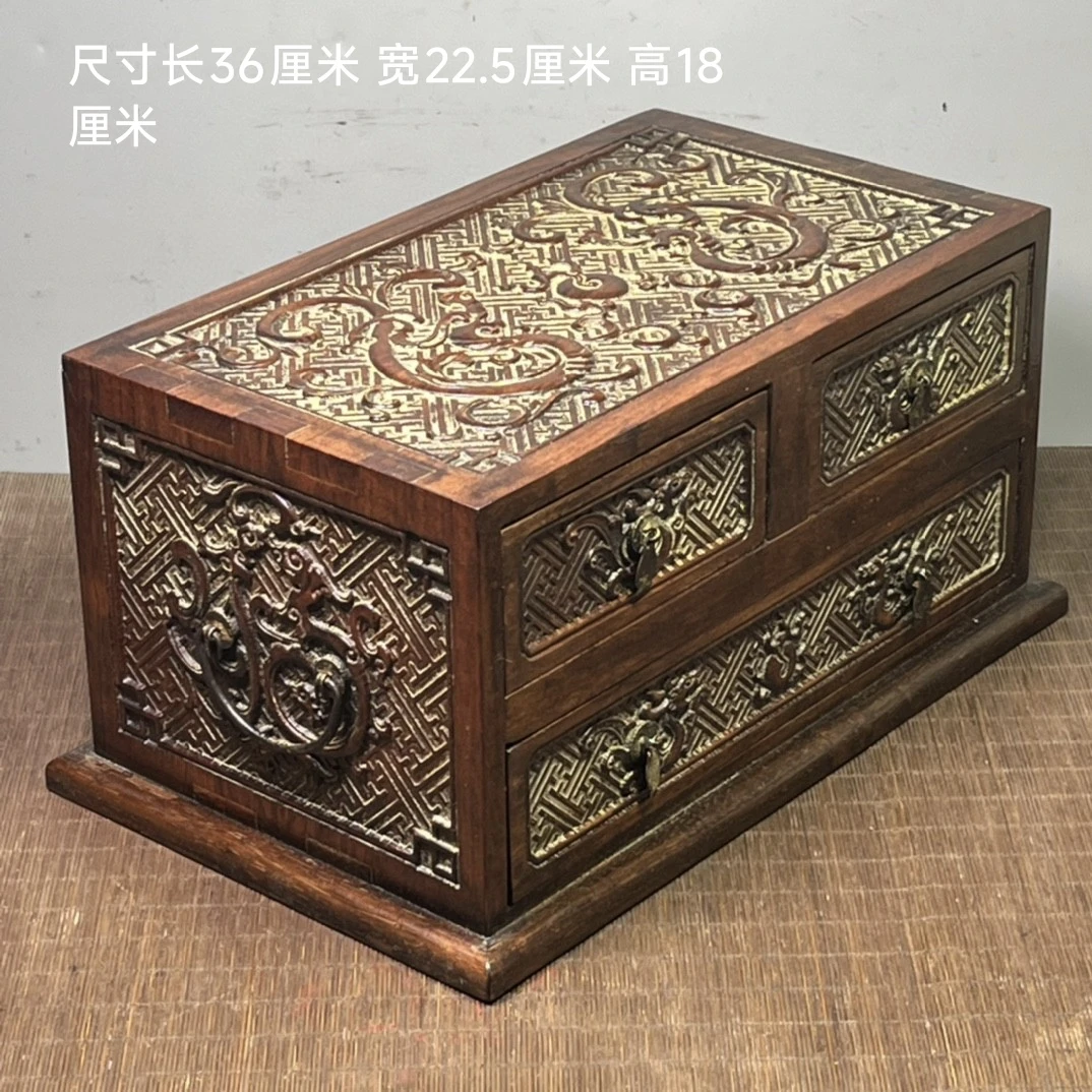 古玩老物件 仿古老花梨木雕刻带三抽屉收纳盒 首饰盒 明清风格