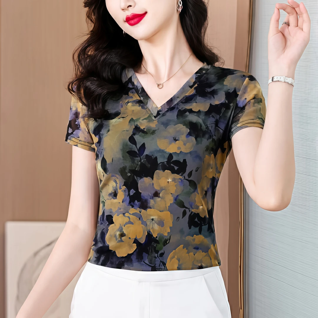 高级感气质短袖T恤女夏季新款修身打底衫网纱上衣时尚休闲妈妈装