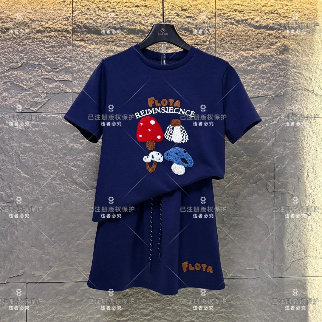 WMA-A47设计师款丨刺绣蘑菇重工宽松版夏季短袖T恤短裤时尚套装