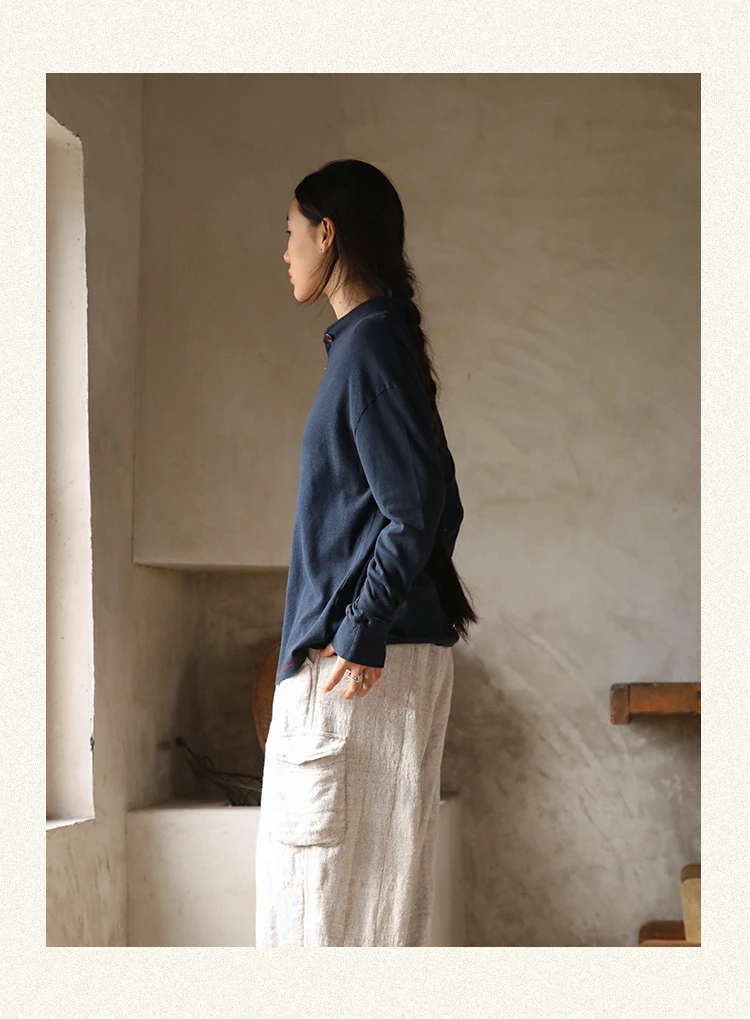 云雾里 原创设计复古文艺松弛感透气柔软舒适圆机针织长袖T 5101