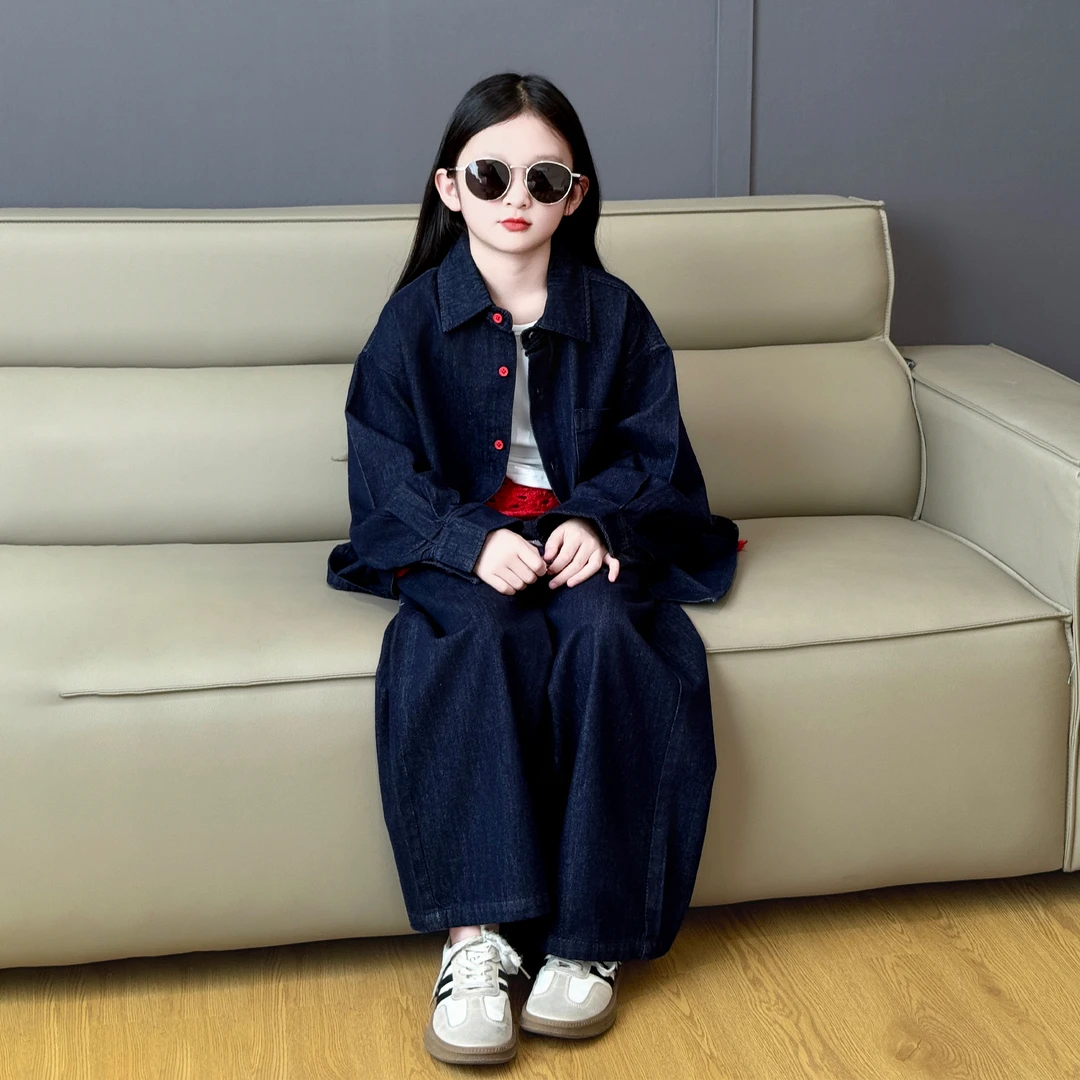 女童牛仔套装春秋款2025新款韩版时尚潮范牛仔衬衫休闲裤三件套潮