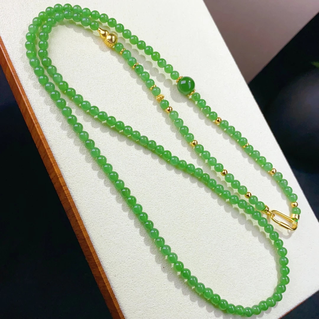 天然和田玉俄料碧玉阳绿圆珠约4mm银葫芦万能扣吊坠挂链项链@0019