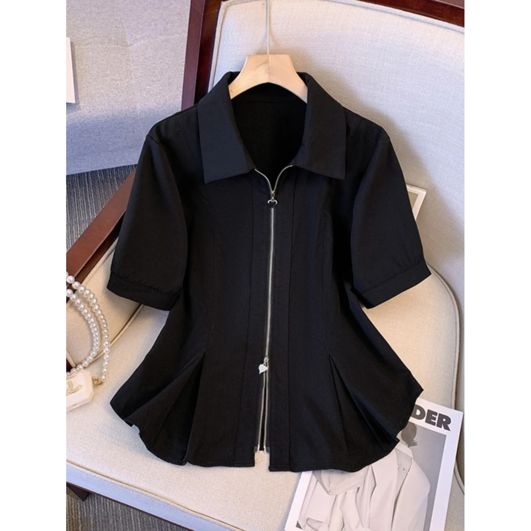 大码polo领双拉链白色短袖衬衫2025新款夏季胖mm显瘦遮肚子上衣女