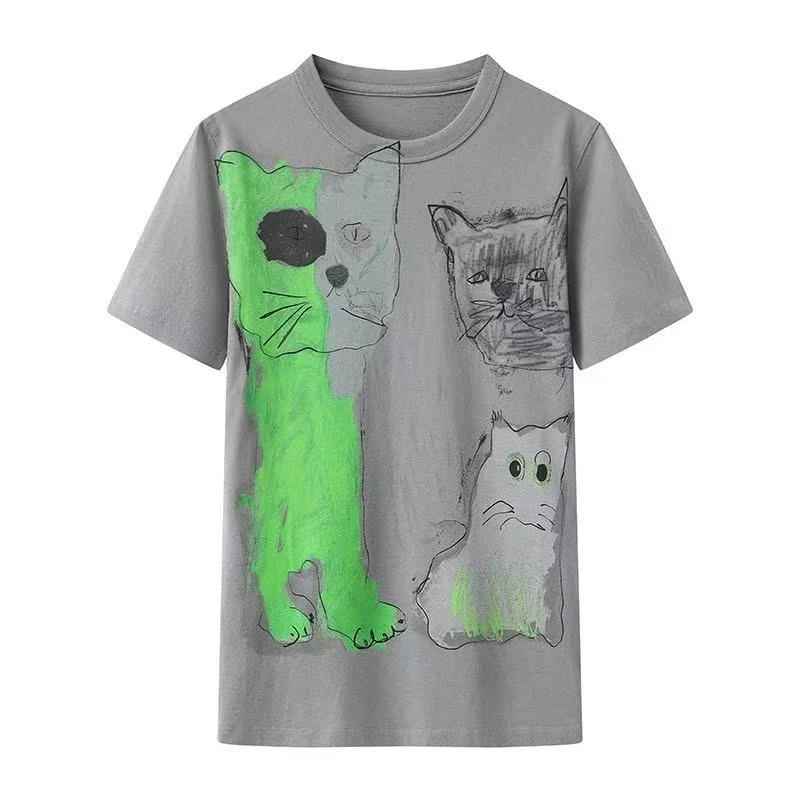 【Y2775】新款时尚百搭修身弹力显瘦猫咪印花正肩圆领短袖T恤上衣女