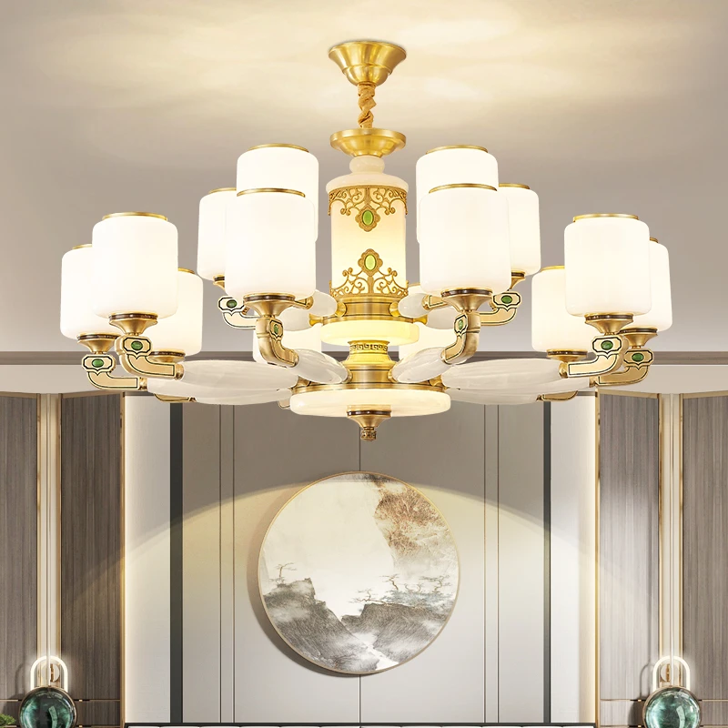 全铜玉石新中式吊灯客厅餐厅卧室别墅复式楼灯