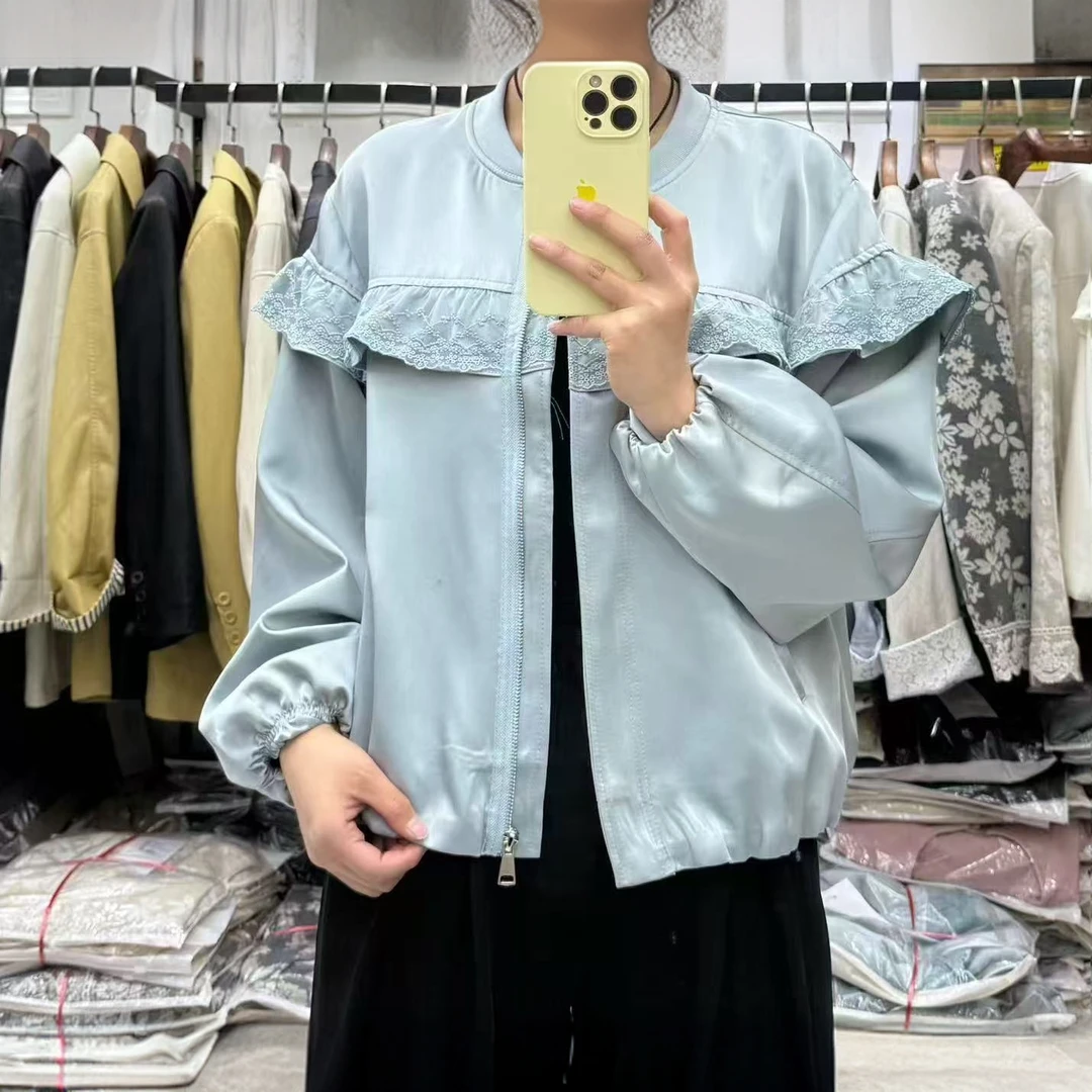 蕾丝拼接荷叶边短款外套女春2025新款小个子宽松醋酸休闲夹克外套