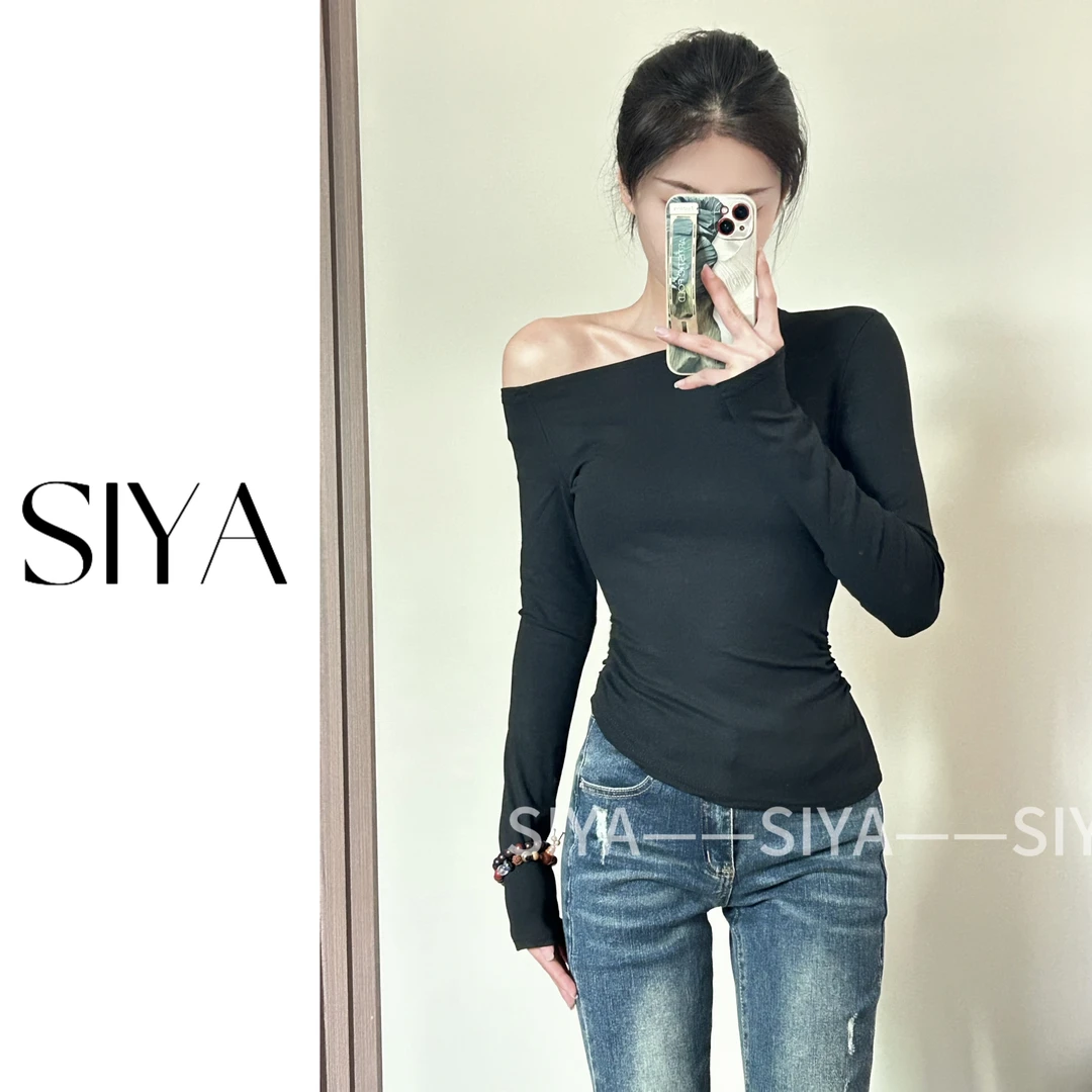【SIYA】25年春季新款修身显瘦时尚辣妹性感纯欲长袖斜肩露肩上衣