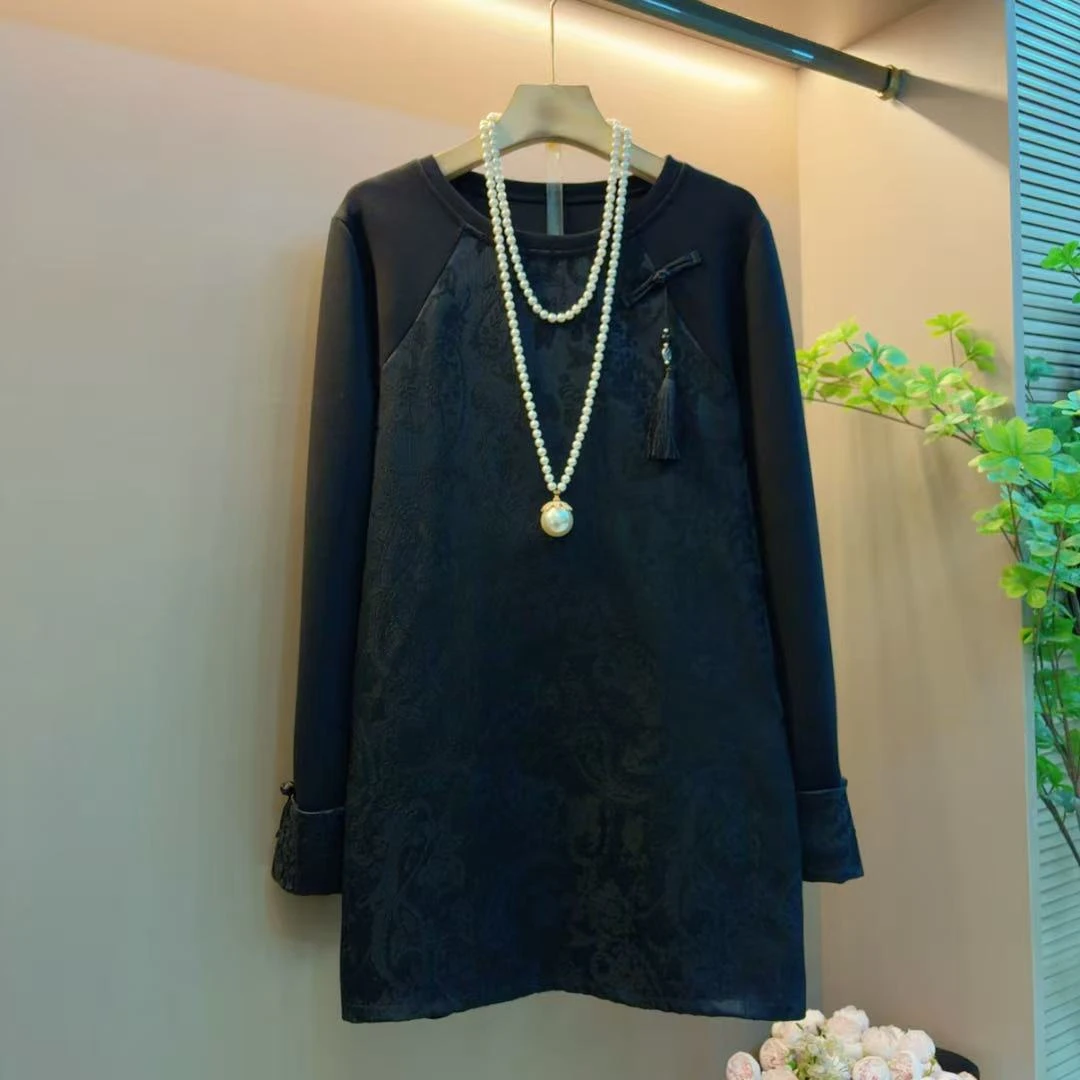 新中式国风提花圆领宽松长袖时尚显瘦遮肉气质上衣（衣长77左右）