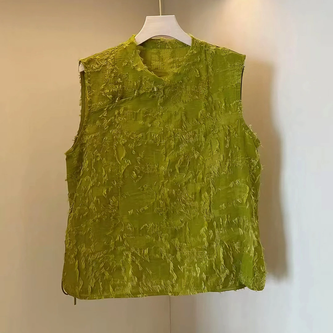 【美丽心情】2025夏季新中式国风流苏磨破洋气薄款无袖绿色百搭上衣