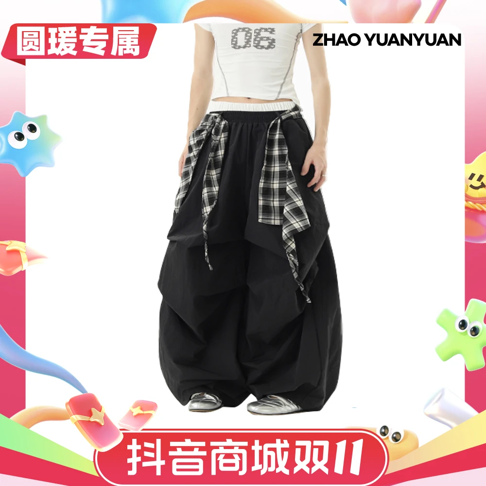 【送屁帘】慵懒风设计感美式黑色弯刀裤女夏宽松阔腿裤跳舞裤子