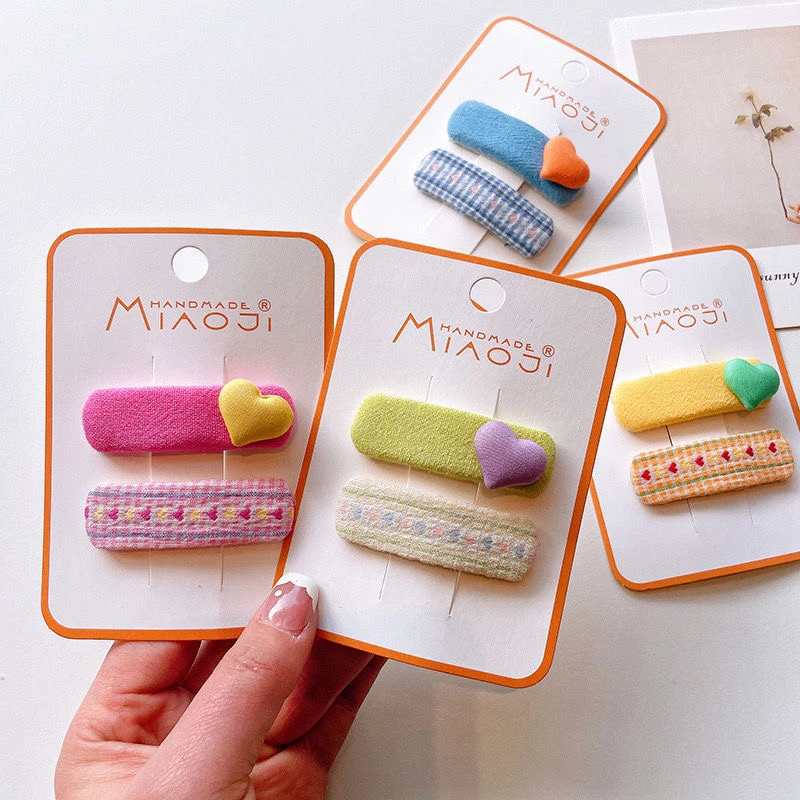 新款儿童布艺宝宝爱心发夹可爱女童桃心对装BB夹刘海碎发侧边夹子