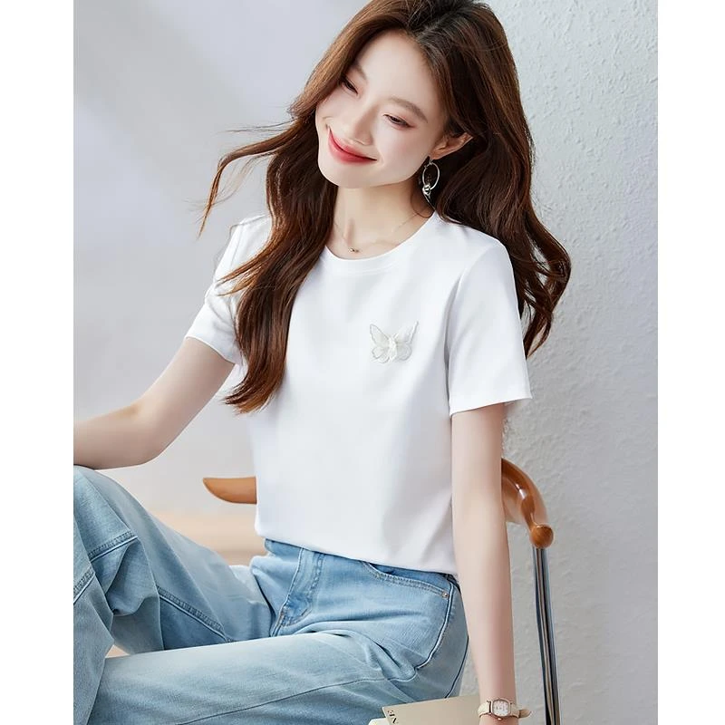 正肩白色短袖t恤女2025夏季新款圆领体恤宽松百搭气质漂亮小上衣