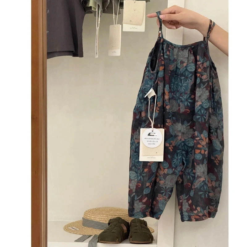 女童裤子夏薄款2025新款洋气宝宝复古印花吊带连体裤儿童背带裤子