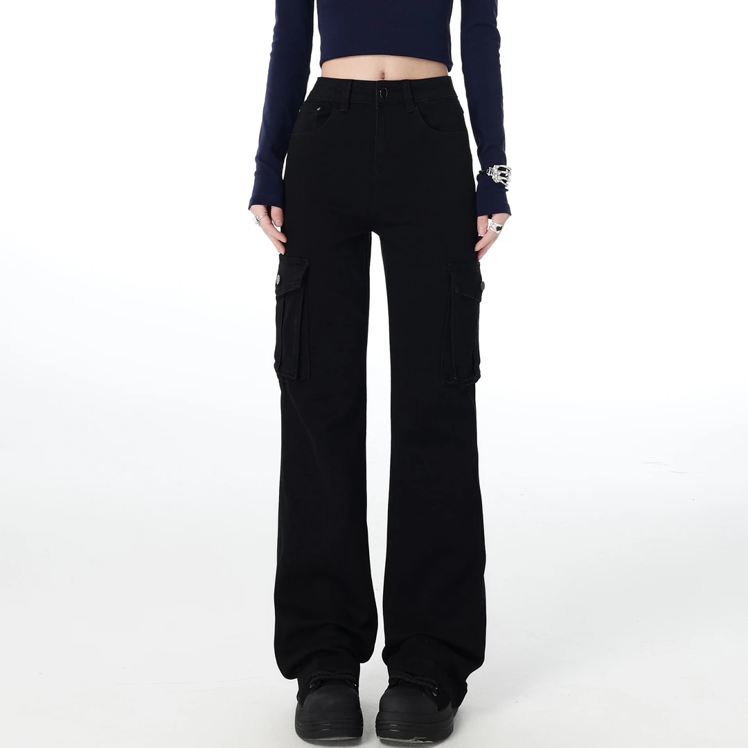 温姗美式复古高腰弹力微喇牛仔裤女春秋修身显瘦百搭垂感工装长裤