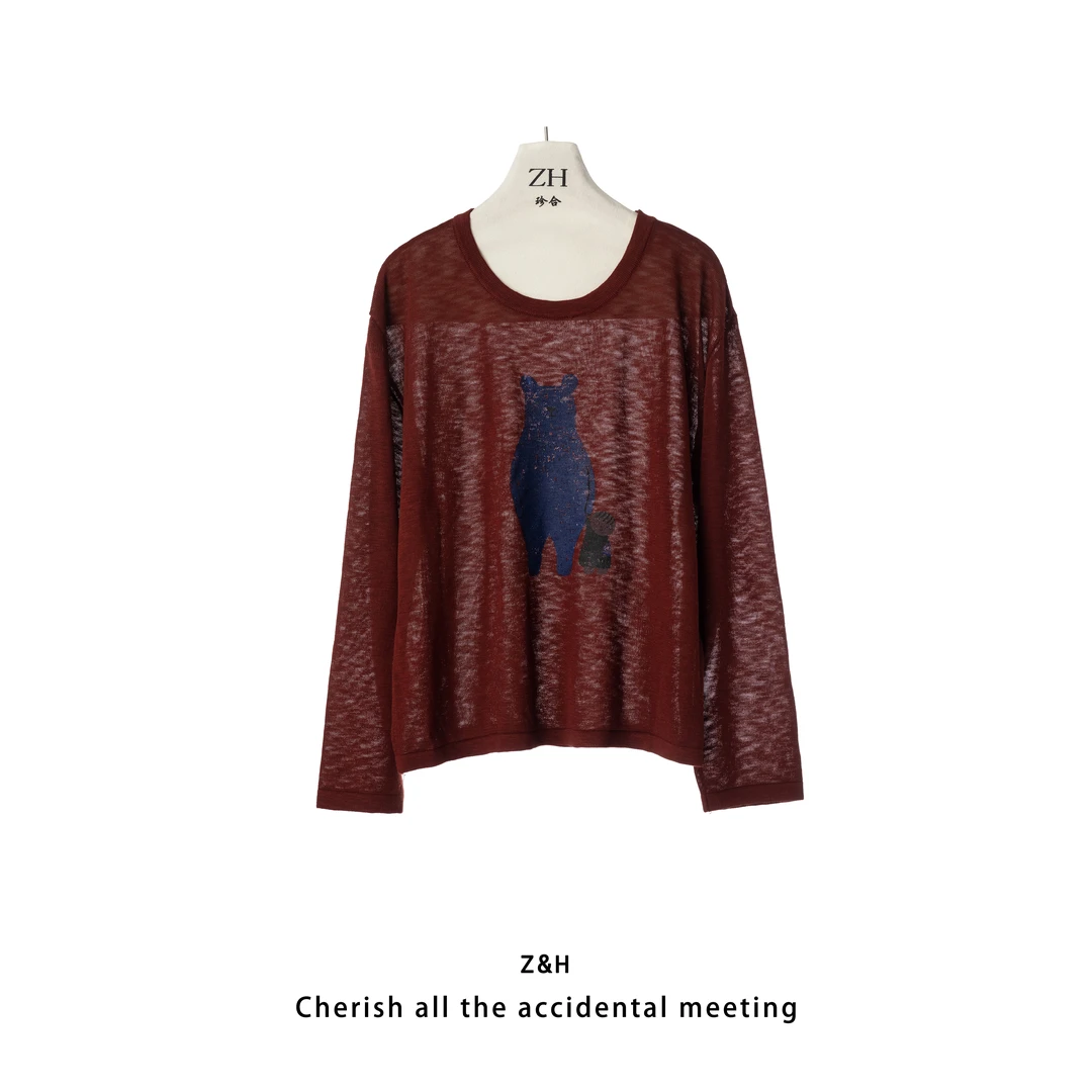 ZH【惬意时光】长袖时尚百搭宽松印花圆领套头针织衫