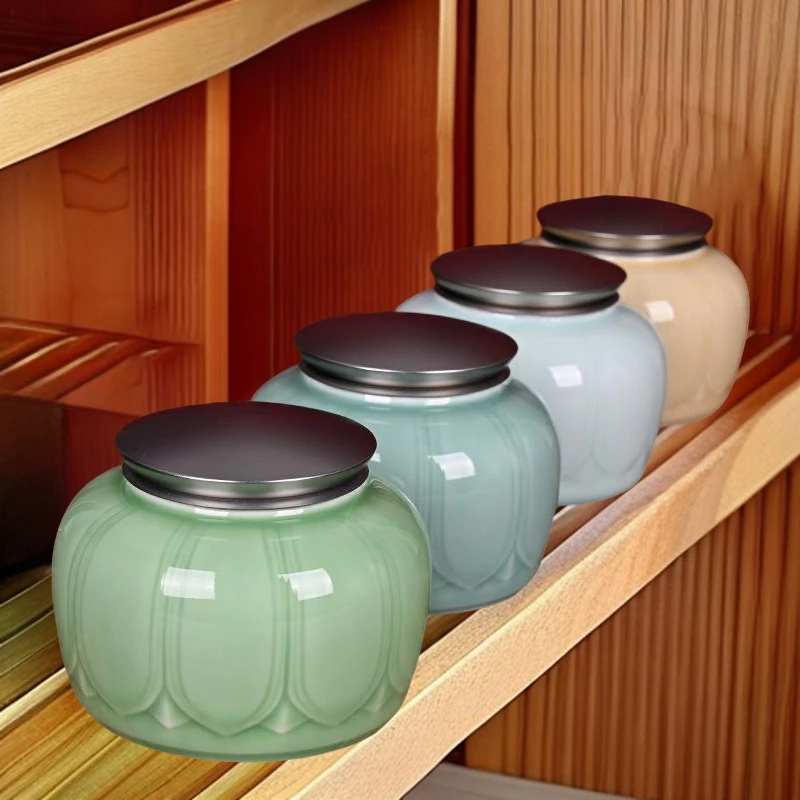 精品青瓷家用茶叶罐复古银色盖茶罐陶瓷莲瓣空罐防潮茶叶储存罐
