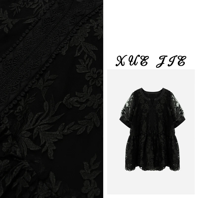 90806名媛风高级感黑色提花蕾丝短袖上衣短裤套装