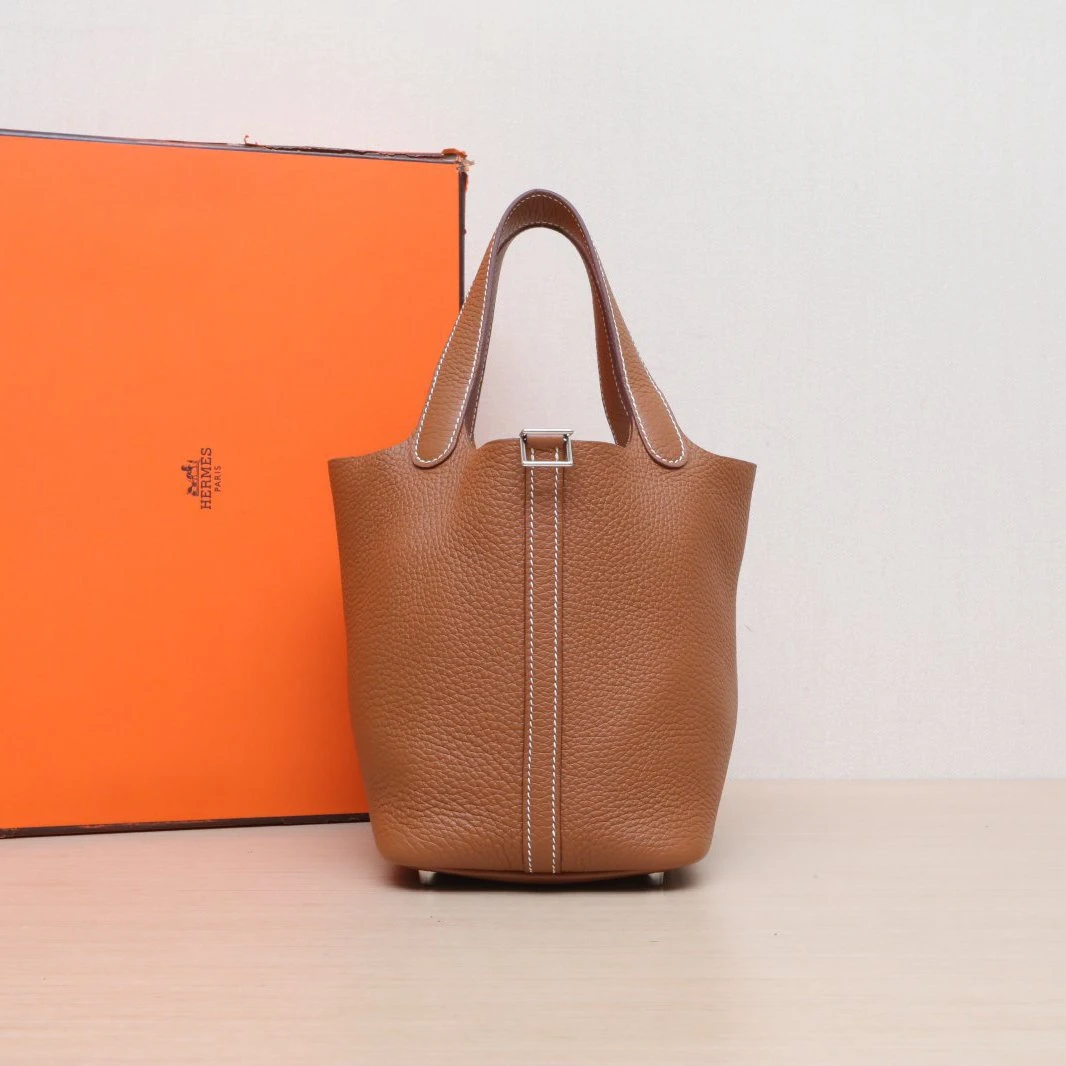 99新 Hermes/爱马仕 小花6枫18 菜篮子 金棕色 TC皮 B刻 银扣