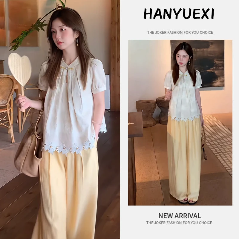 【现货】夏季一整套女装2025新款新中式短袖衬衫显瘦阔腿裤两件套