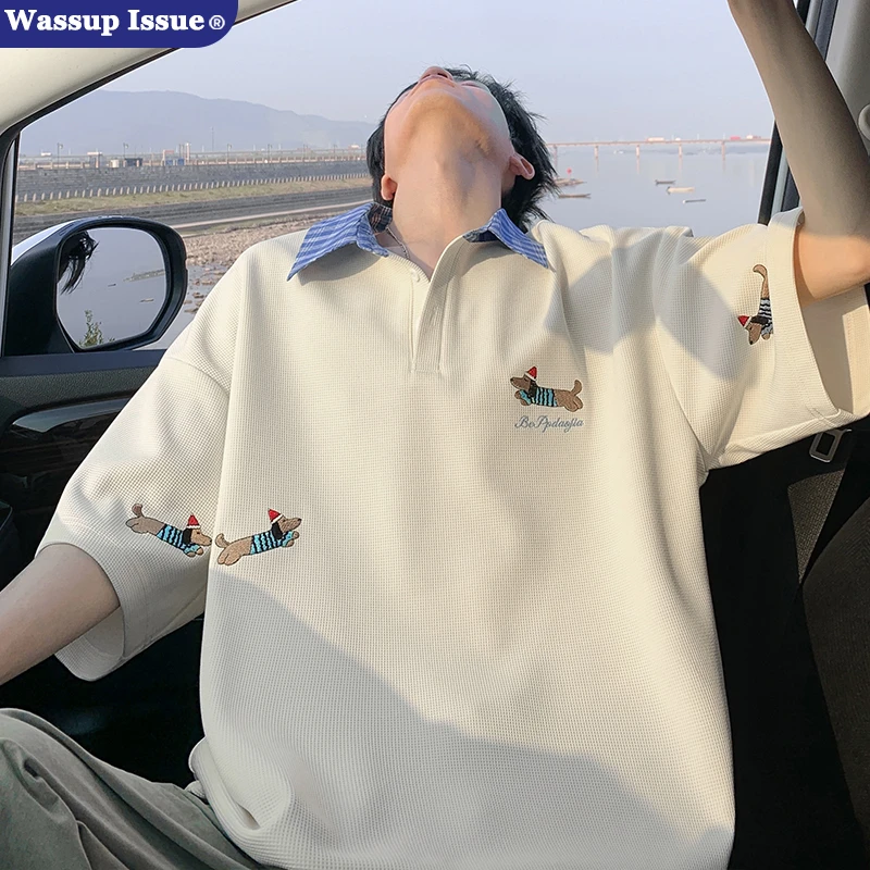 WASSUP ISSUE腊肠小狗刺绣撞色拼接翻领短袖男夏季宽松休闲T恤潮