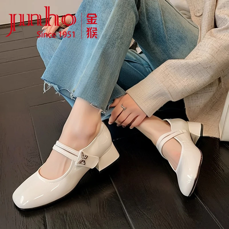 Jinho/金猴大码女鞋小香风玛丽珍粗跟女单鞋复古浅口女鞋Q59183A